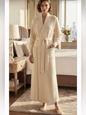 Vintage 80s Bonwit Teller NWT Lambswool Angora Long Robe Sequin Shoulders